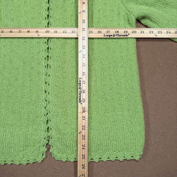 Vintage Lime Green Knit Cardigan Sweater Scalloped Edge Open Front Women’s M - Picture 7 of 8